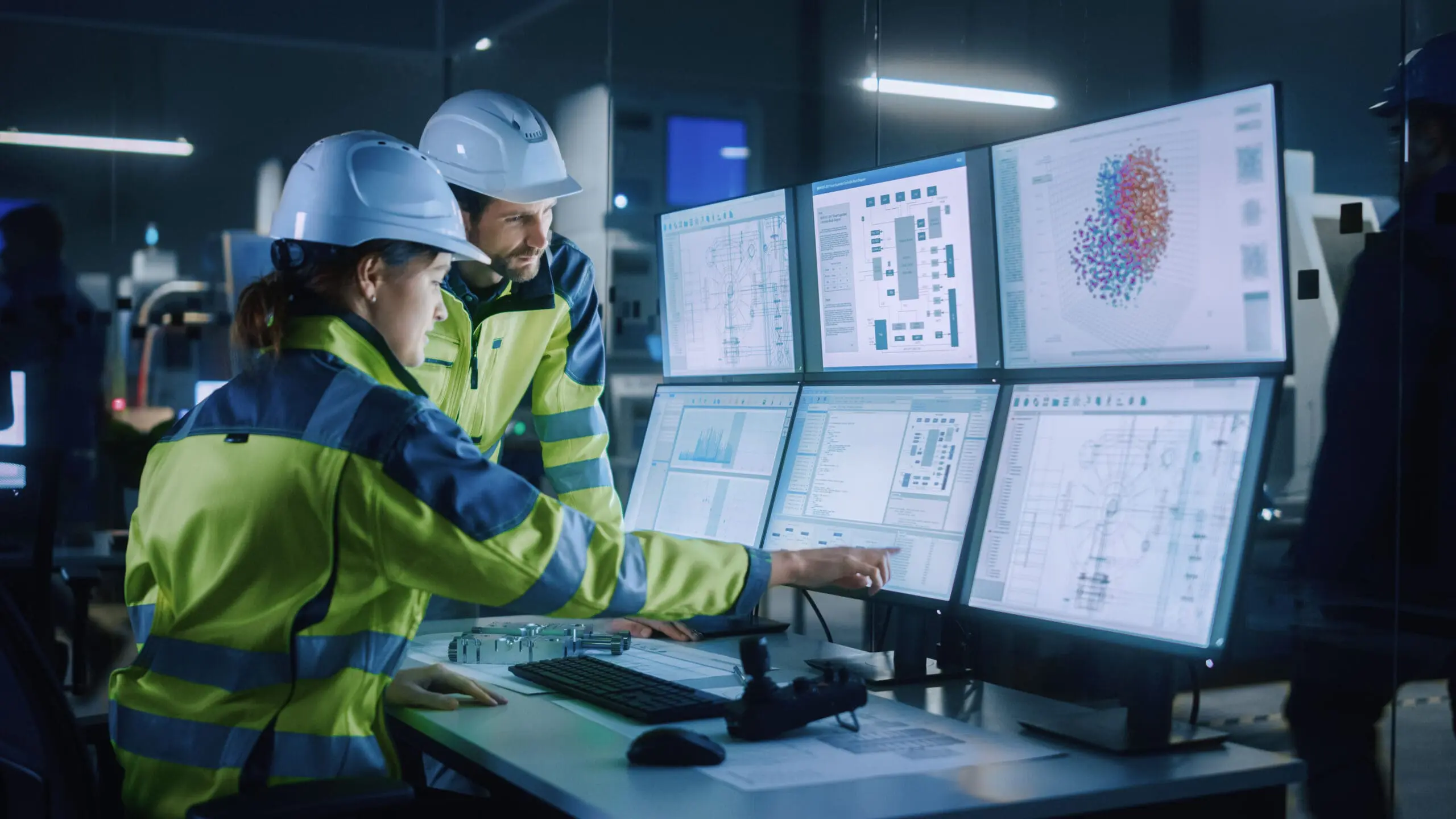 Industrial workers using AI systems in manufacturing facility